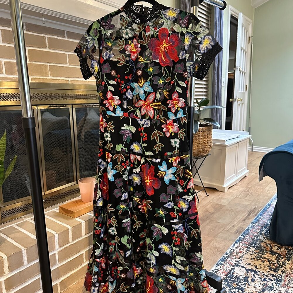 Anthropologie Vone Janine Embroidered Floral Mesh Midi Dress Size 4 - Picture 3 of 7